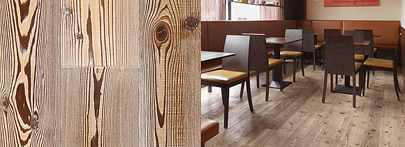Antico Larch Grigio wood flooring sample (left), and in restaurant (right)